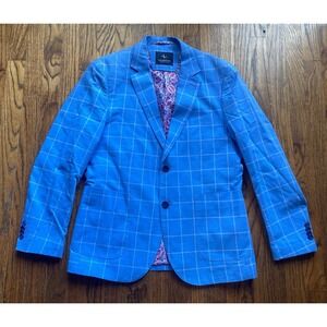 Tailorbyrd Blazer Mens Size 38S Blue Windowpane Sport Coat 2 Button Cotton